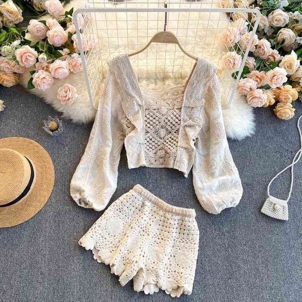 

fashion retro mesh hollowed womens tracksuits out square collar long sleeve high waist wide leg shorts two piece r264, Gray