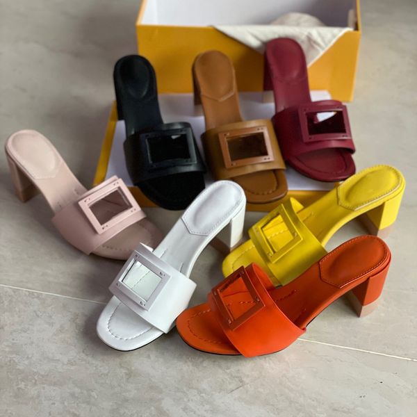 Frauen Leder Slides Designer Sandalen Mode Klassiker High Heels Breitband Brief Sandale Wohnungen Sexy Flip Flops Sommer Strand Hausschuhe mit Box 315