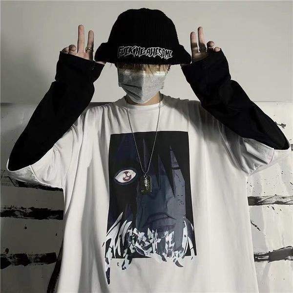 

2021 new harajuku naruto streetwear men casual loose japan pathwork shirts boy autumn cartoon t shirt fashion oversized tshirt 44wh, White;black