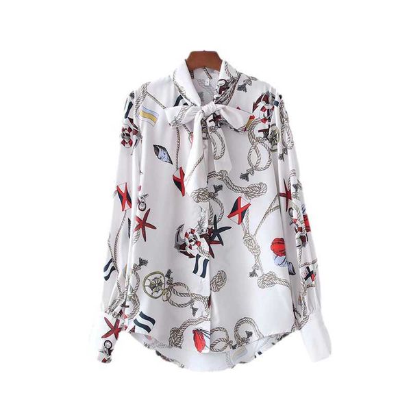 

casual women bow lace blouse spring-autumn fashion ladies high street temperament shirt female chain print knotted 210527, White