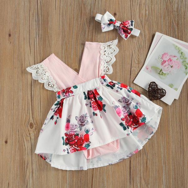 

jumpsuits baby & children's girl's infant's lace sleeve dress v-neck floral printed romper bow hair band for, Blue