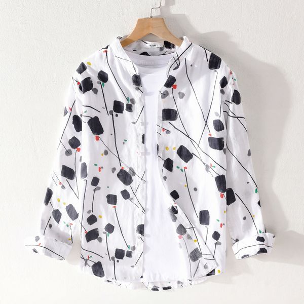 

2021 new summer stand collar 100% linen print brand long sleeve shirt for men casual retro fashion shirts male camiseta iq0j, White;black