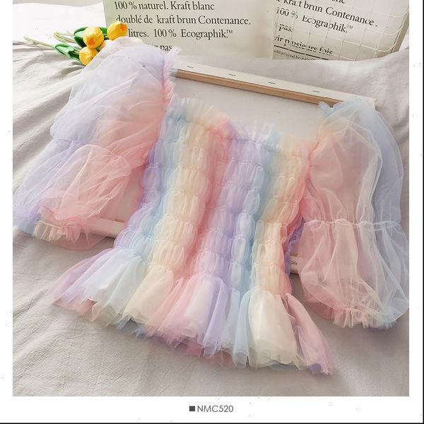 

summer sweet color slash neck puff sleeve mesh pleated slim shirt women drop shipping good quality, White