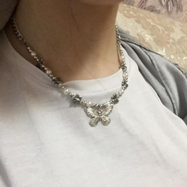 

pendant necklaces gothic butterfly necklace for women choker aesthetic hippop pearl chain collar jewelry gift, Silver