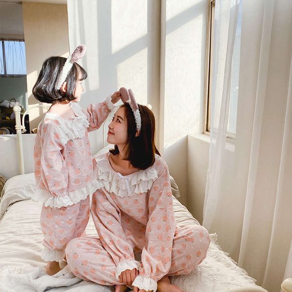 

piece spring new korean parent-child two suit with lace collar long sleeve pajamas 2021 mom's, Blue