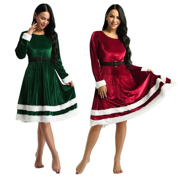 Vestidos casuais Mulheres Mulheres de veludo macio Manga longa Vestido de fantasia de Natal Verde Adulto Senhora Sra. Papai Noel