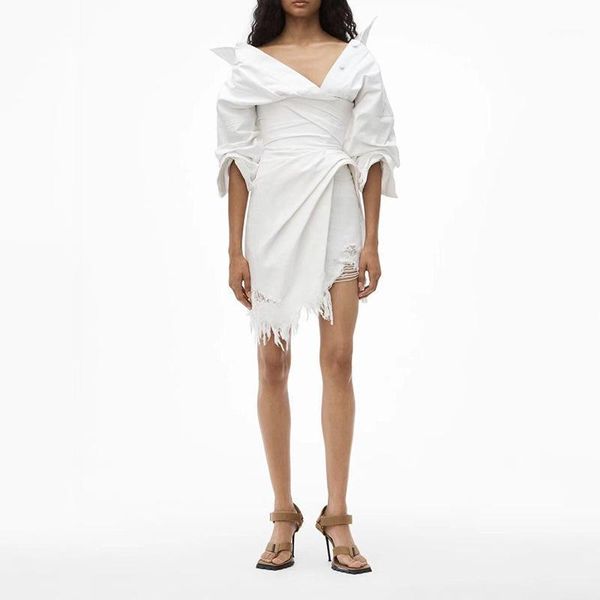 

casual dresses big brand fall collar folds irregular fringed hem high waist dress women's fashion stitchingwhitelong-sleeved shirt xl, Black;gray