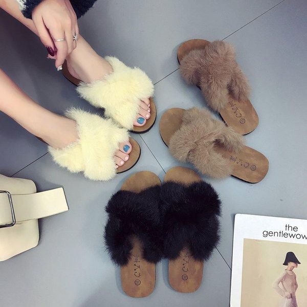 

slippers womens ladies slip on sliders fluffy faux fur flat fashion female casual slipper flip flop sandal, Black