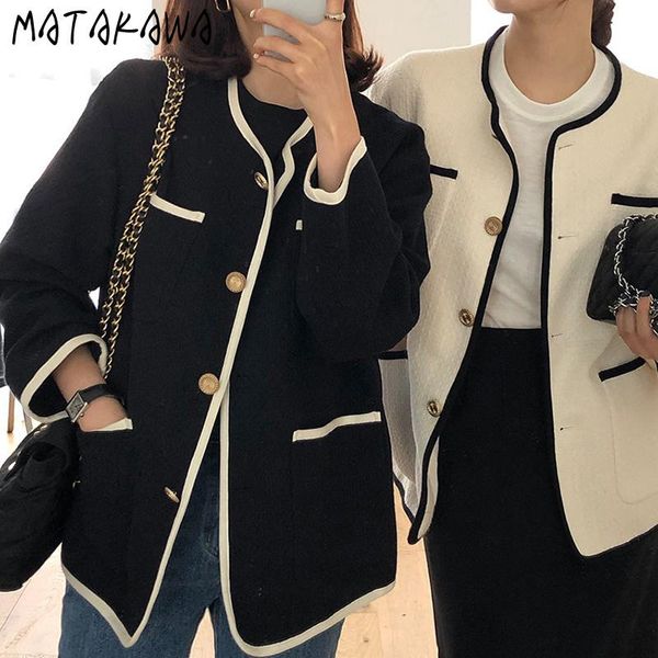 

matakawa retro round neck jackets for women single-breasted loose multi-pocket woman jacket edging contrast color coat women, Black;brown