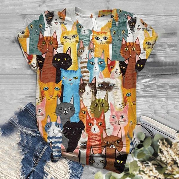 

women's t-shirt fashion 3d cat print basic o-neck casual summer short sleeve women tees 2021 elegant daliy t shirt, White