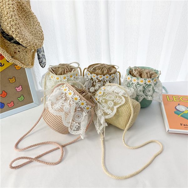 

new handbags children's mini bag autumn and winter daisy lace girl drawstring band mouth bucket straw change woven factory direct sale