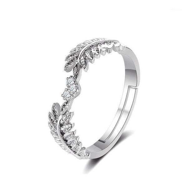 

2020 new fashion leaf herat ring jewelry exquisite charm crystal zircon olive branch opening ring for women jewelry gift1, Silver