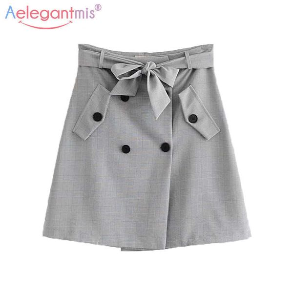 

aelegantmis spring summer women fashion elegant plaid mini skirts ladies casual high wasit short a-line with belt 210607, Black