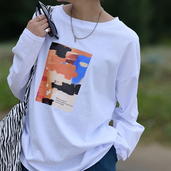 

2021 new oil painting graffiti loose profile round neck cotton long sleeve t-shirt women's autumn and winter bottom vi4g, White