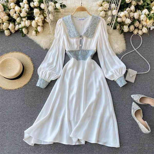 

women fashion retro beaded a-line dress doll collar long sleeve slim elegant clothing vestidos mujer r358 210527, Black;gray