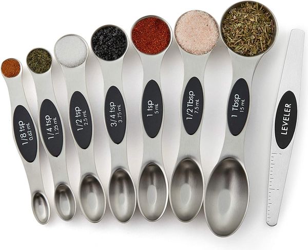 

magnetic measuring spoons set dual sided, stainless steel fits in spice jars set of 8