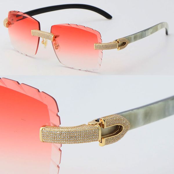 Neue randlose Sonnenbrille mit Mikropavé-Diamantbesatz, innen weiß, schwarzes Büffelhorn, Sonnenbrille, männlicher und weiblicher Rahmen mit 18 Karat Gold, UV400-Linse, Damen- und Herrenbrille, Größe: 57