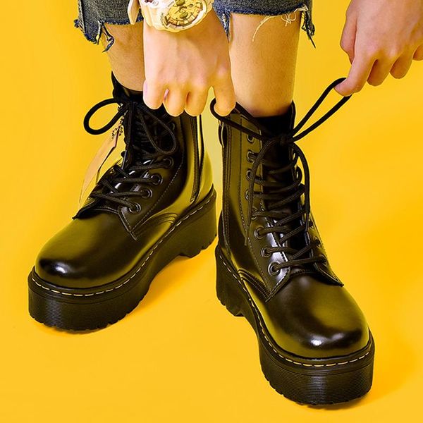 

boots platform women shoes 2021 black leather ankle punk thick bottom motorcycle