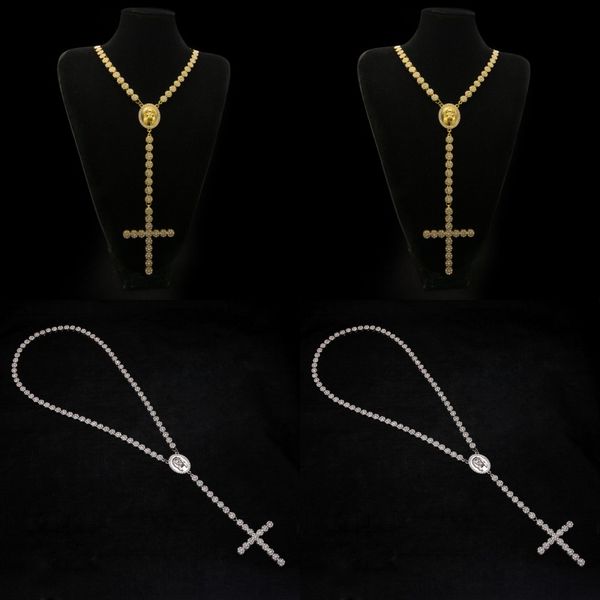 

men long necklace gold silver plated full iced out rhinestones jesus face with big cross pendant necklace rosary punk jewelry 292 n2