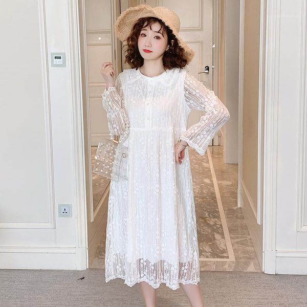 

7518# maternity dress spring autumn lace plain color long sleeves easy matching loose stylish pregnant women mom dresses1, White
