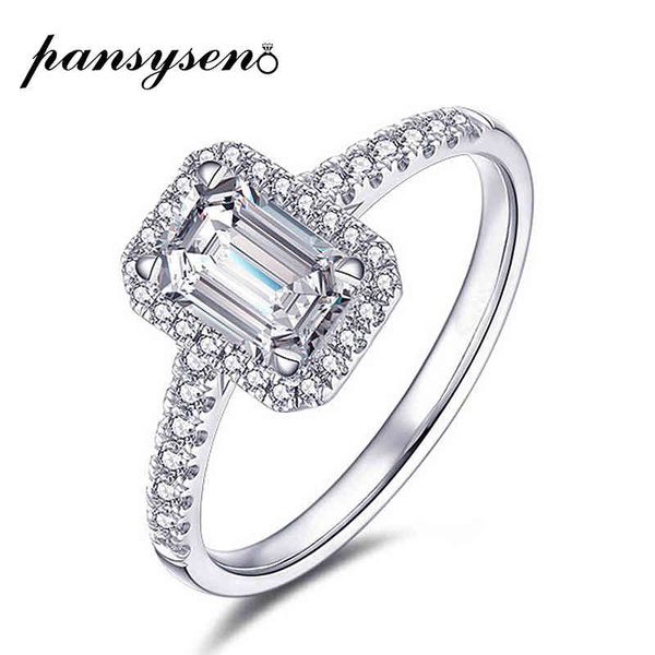 

pansysen emerald cut 925 sterling silver simulated moissanite ring wedding engagement zircon rings for women wholesale jewelry, Slivery;golden