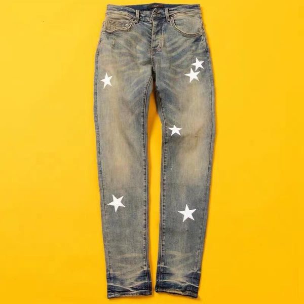 

jeans men stars yellow clay wash do old retro slim jeans fall and winter pants men's tide, Blue