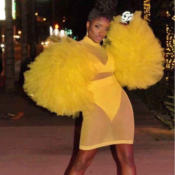 

casual dresses yellow see through women dress with exaggerated ruffles tiered lush sleeves party custom made club, Black;gray