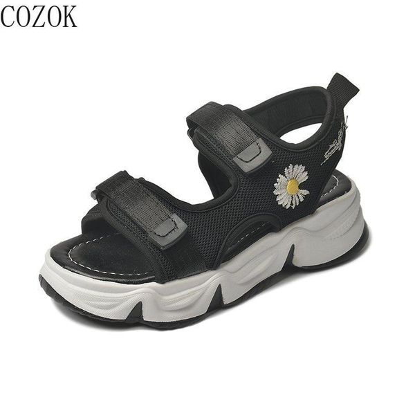 

solid color women's sandals fashion all-match vamp buckle design embroidered embellishment all-match platform women's sandals, Black