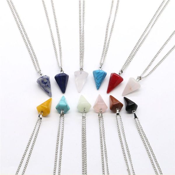 

pendant necklaces 1pcs colored natural stone cone necklace for women men fashion vintage sweater clavicle chain party wedding jewelry n65, Silver