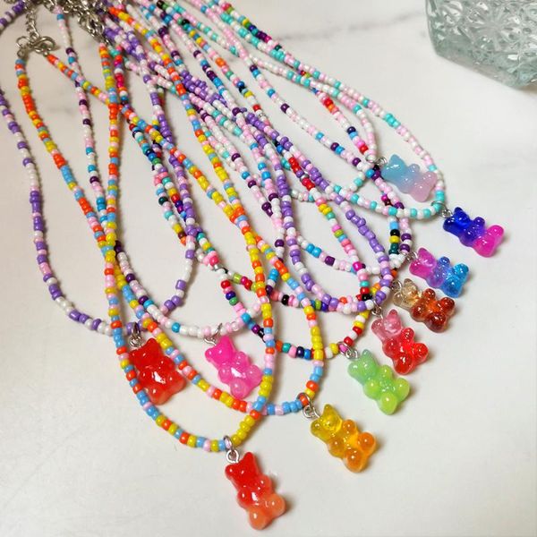 

chokers summer candy color gummy bear beaded necklace for women handmade rainbow crystal beads pendant boho beach jewelry, Golden;silver