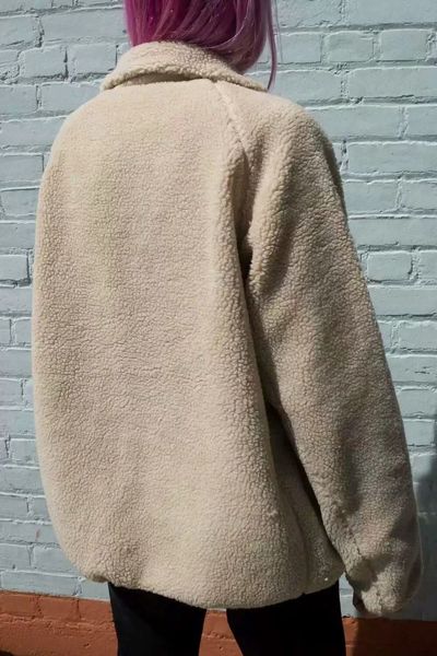 

2021 winter loose faux lamb fur coat stand collar long sleeve furry fur zipper women jacket oversize outerwear, Black