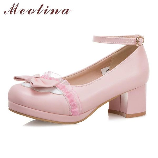 

dress shoes meotina high heels women pumps sweet bow square ankle strap buckle round toe party female plus size 34-43, Black