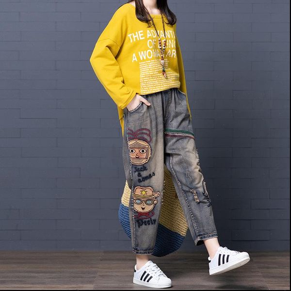 

women fashion korea style cartoon embroidery frayed hole vintage ankle length elastic waist denim pant lady casual harem jeans, Black;white
