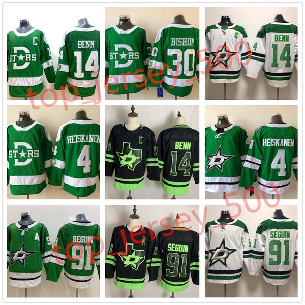 

dallas stars jersey hockey 14 jamie benn 91 tyler seguin 4 miro heiskanen 24 roope hintz 30 ben bishop 47 alexander radulov black out green, Black;red