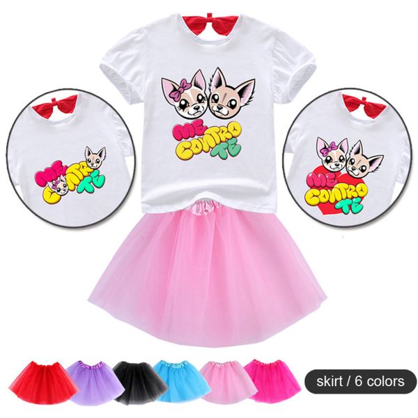 

new girls princess + t shirt 2 pcs set cartoon me contro te print tutu dress sets children's clothing suits kids costumes, White
