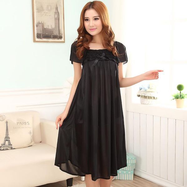 

women black lace imitated silk short sleeve sleepwear large size long section nightgown dress, Black;red