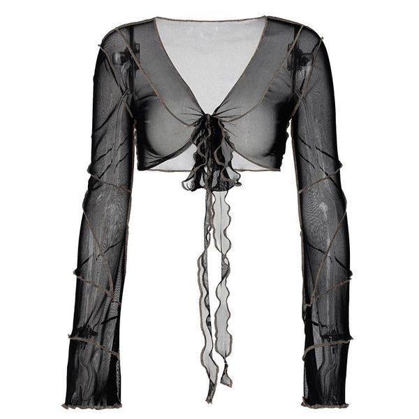 

women's t-shirt e-girl aesthetics bandage black mesh crop goth y2k deep v-neck patchwork flared sleeves outfits grunge clothes, White