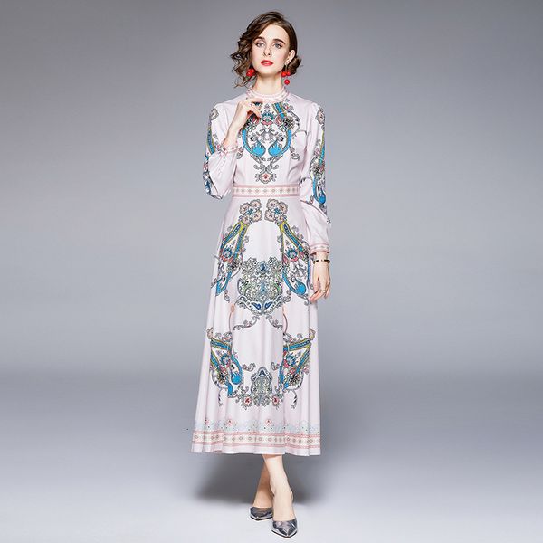 

dress xian 2021 autumn women's blended positioning printing round neck long sleeve waist closing skirt, Black;gray