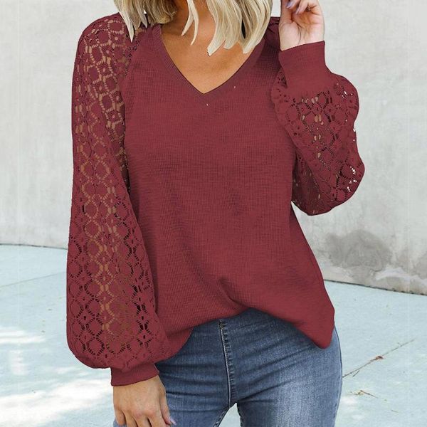 

women's blouses & shirts elegant loose lace blouse solid stitching long sleeve round neck pullover tee shirt casual blusas, White