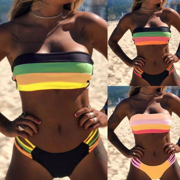 

one-piece suits women 2 piece rainbow striped bikini set strapless bandeau tube padded swimsuit low waist thong bathing suit beachw