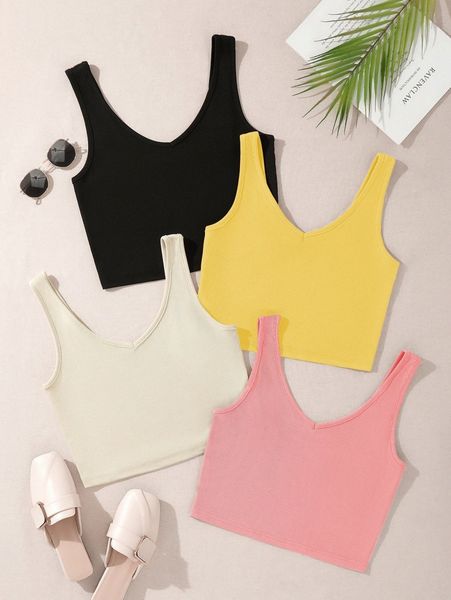 

4pcs solid ribbed knit tank e58y#, White