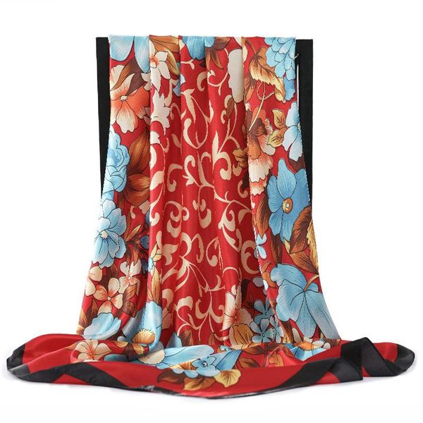 

scarves 2021 summer female 90x90cm square shawls and wraps floral print scarf women silk satin neck scarfs ladies bandana head, Blue;gray