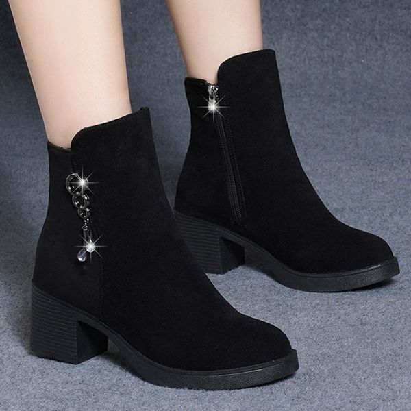 

boots rimocy women's fashion crystal chain ankle 2021 autumn flock square heels platform women slides zipper short botas, Black