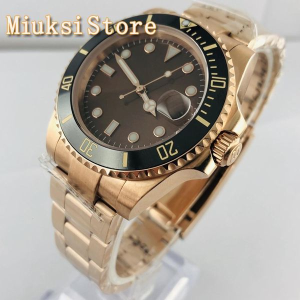 

bliger 40 mm rose gold case sapphire glass ceramic bezel date 21 jewelry miyota movement waterproof gentlemen automatic clock, Slivery;brown