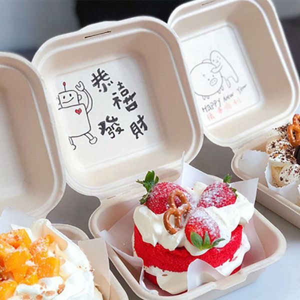 

gift wrap 10pcs cake packaging box disposable hamburger bento hand-painted takeaway fruit food mini container