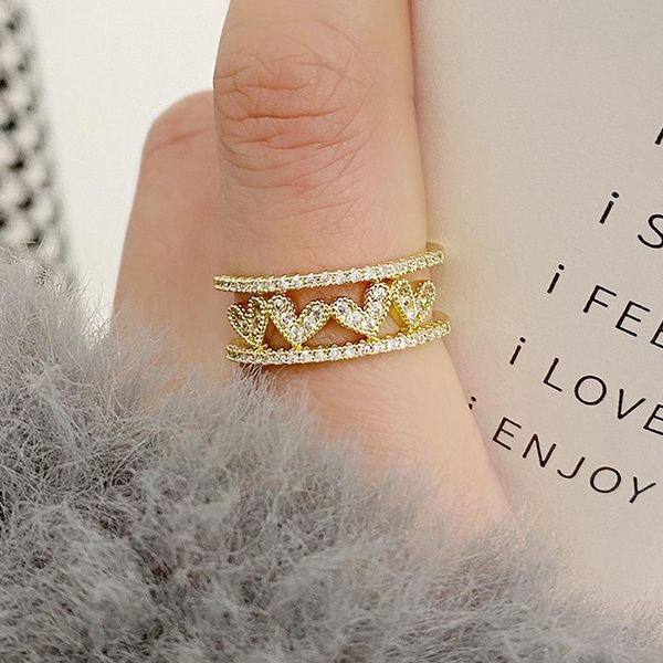 

cluster rings 14k real gold double layers plated shine love heart ring for women elegant micro inlaid cubic zircon charm jewelry accessories, Golden;silver