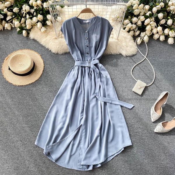 

casual dresses syiwidii long shirt dress for women button up o neck sleeveless with sashes korean midi summer 2021 red blue black, Black;gray