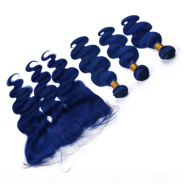 

dark blue malaysian body wave human hair wefts with lace frontal closure 13x4 body wave pure blue virgin hair weave bundles with frontal, Black;brown