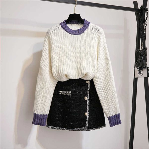 

verhellen elegant casual women two piece set autumn women loose knitted pullover sweater + pearl tweed mini skirt suit sets 210706, White