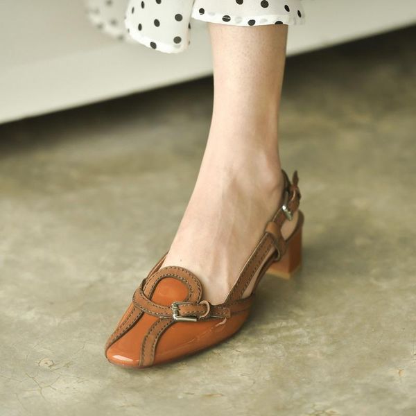 

2021 vintage lady holiday shoes square toe bordered slingbacks beach pumps leather shoes women, Black
